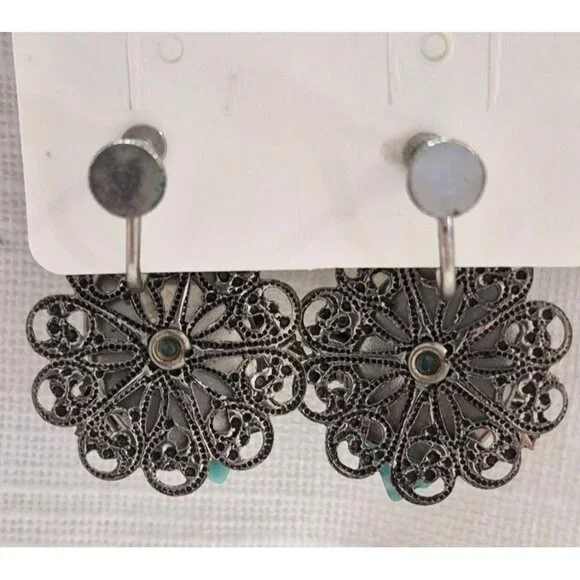 Vintage Screw Back Filigree Earrings Floral Turquoise Antique Silver Tone - Picture 7 of 8